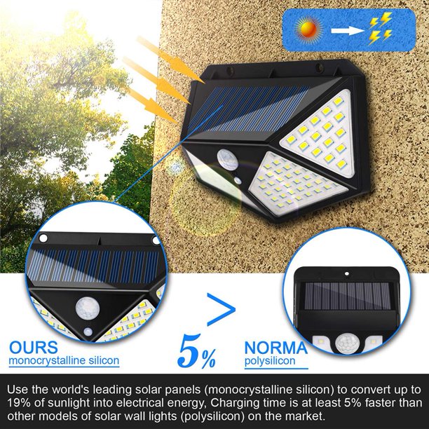 100LED Lámpara de pared solar Impermeable Jardín Gran angular Sensor de movimiento Lámpara 2pcs