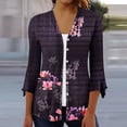 thumbnail image 2 of Penkiiy Women's Floral Print Puff Sleeve Cardigan Loose Cover Up Blouse Tops 3/4 Sleeve Ruffle Open Front Button Cardigan Pink for 2XL, 2 of 5