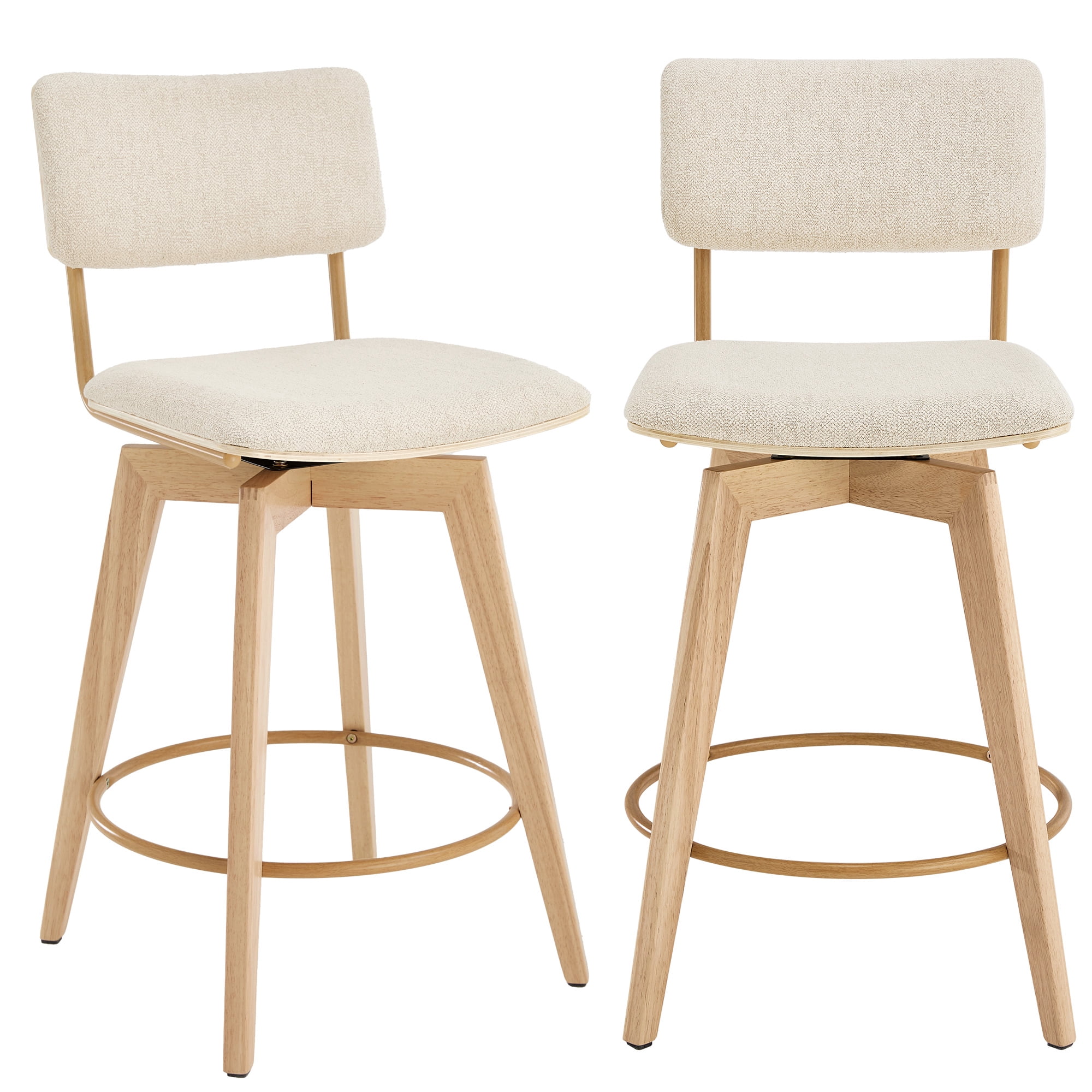 Zesthouse Swivel Counter Height Bar Stools Set of 2, 26" Upholstered Linen Barstools with Back and Solid Wood Legs, Mid Century Modern Bar Chairs, Island Stool for Kitchen Counter, Beige