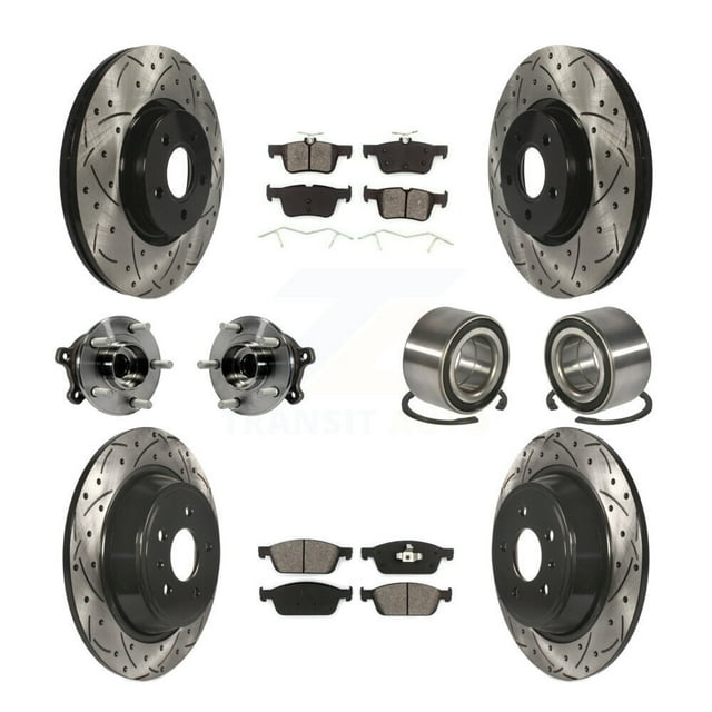 Transit Auto Front Rear Wheel Hub Bearings Assembly Coated Disc Brake Rotors and Semi-Metallic Pads Kit (10Pc) for Car Ford Escape Lincoln MKC - Left Right Side (Driver Passenger) KBB-107490