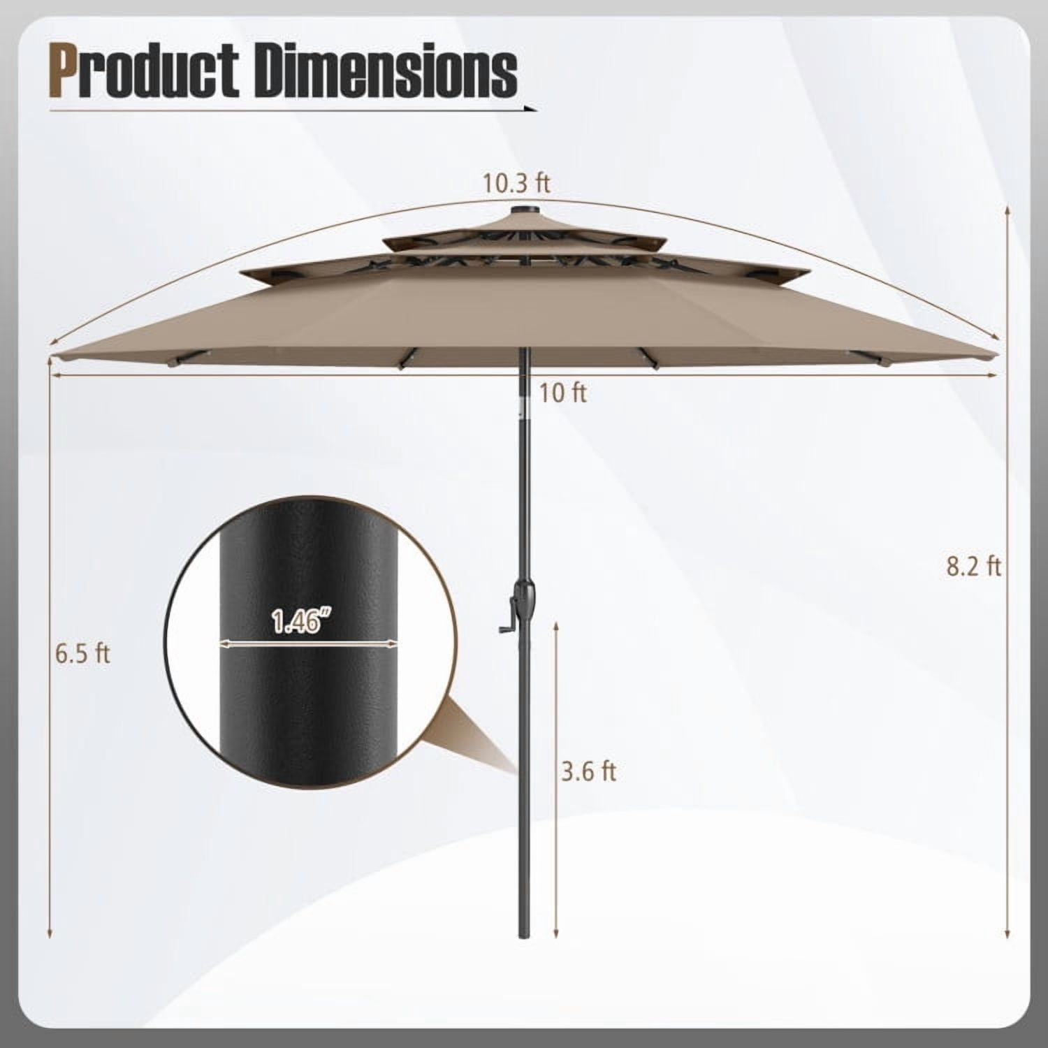 YYAo Outdoor Garden Umbrella,Market Umbrella,10 Feet Solar Patio Umbrella with 32 LED Lights 3-Tier Vented Top-Taupe