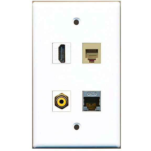 RiteAV - 1 Port HDMI 1 Port RCA Yellow 1 Port Phone RJ11 RJ12 Beige 1 Port Shielded Cat6 Ethernet Wall Plate