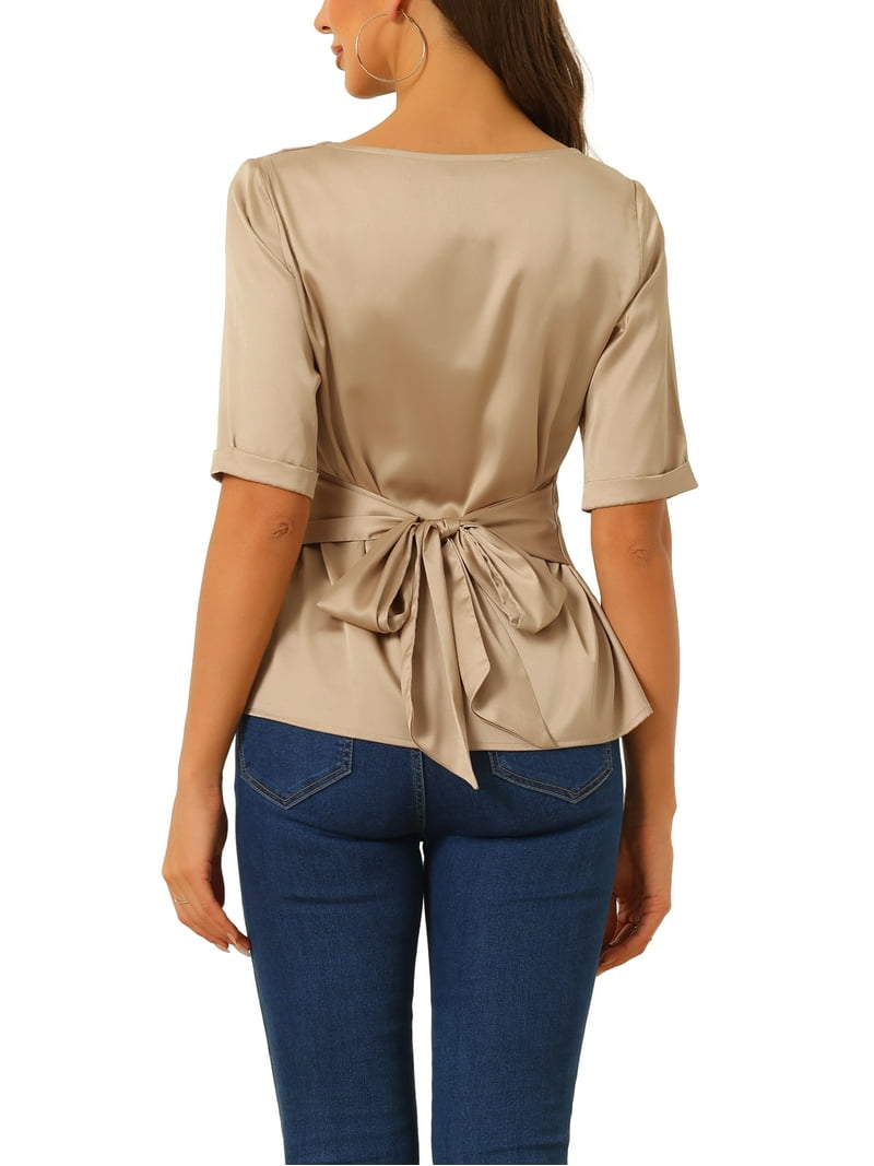 INSPIRE CHIC Satin Blouse for Women's V Neck Short Sleeve Tie