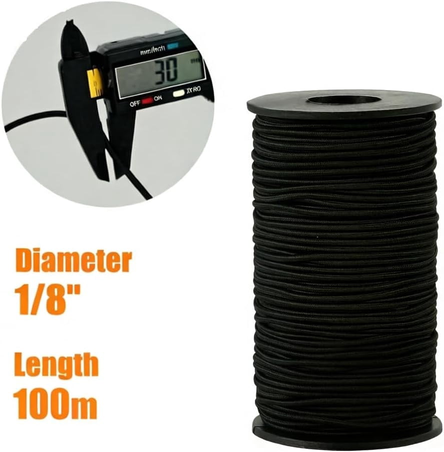 MKEUDQ-1/8" x 100M Bungee Shock Cord Roll, Heavy-Duty Elastic Rope for Kayak, Tent Pole Repair, Tie Downs & DIY Projects, Strong Black Stretch String