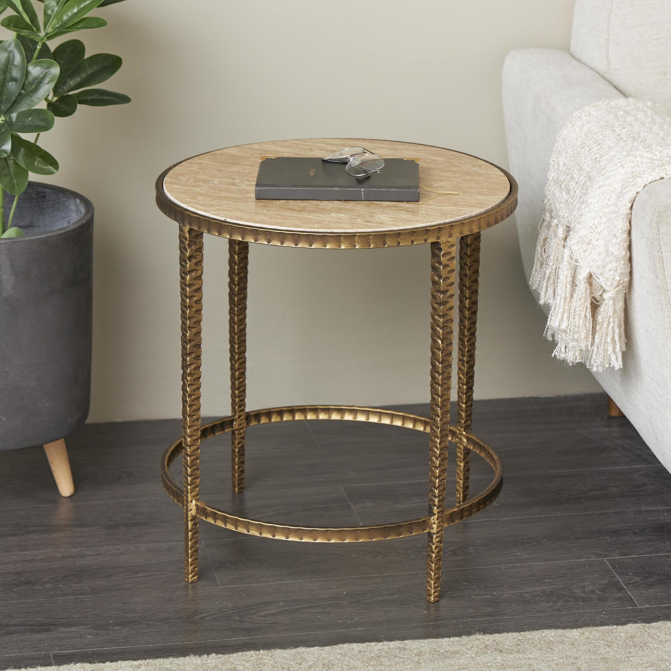 DecMode 19" x 20" Beige Marble Round Accent Table with Hammered Gold Metal Legs, 1-Piece