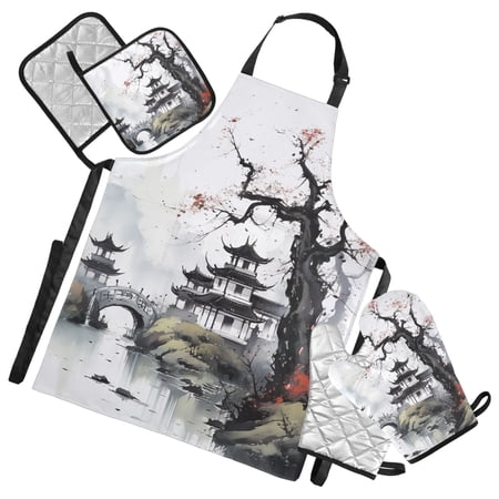 Pavilions and Towers Ink 5 Pcs Kitchen Set Heat Resistant Oven Mitts and Non-Slip Pot Holders with Adjustable Cooking Apron
