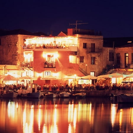 Harborside Restaurants at Night, Old Town, Rethymnon, Western Crete, Greece Print Wall Art By Steve