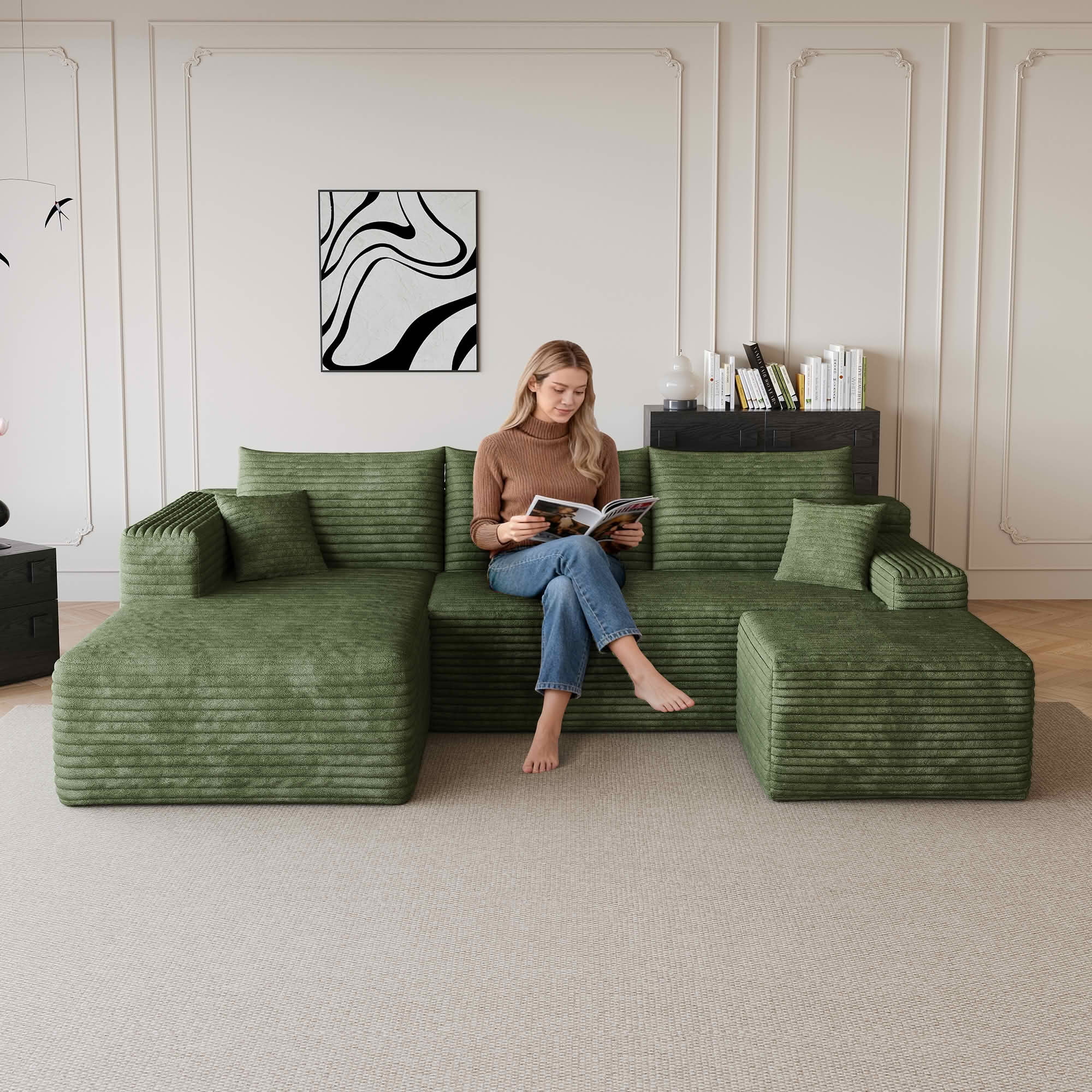MAYEERTY 95 Inch Cloud U Shaped Sectional Sofa with Ottoman, Plush Corduroy Deep Seat Corner Couch, No Assembly Modern Minimalist Sofa for Living Room