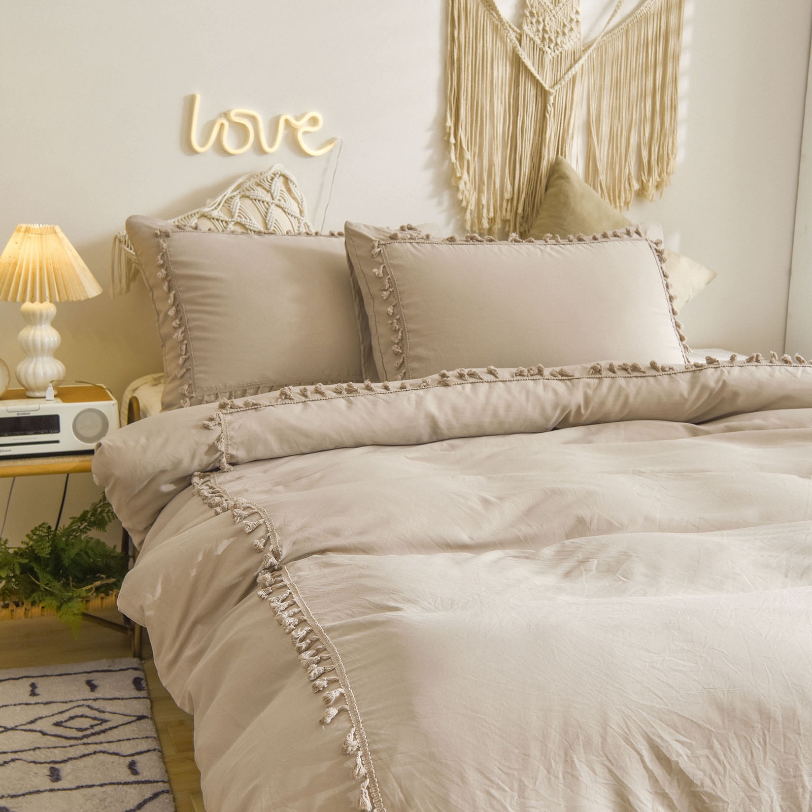 Move Over Taupe Tassel Bedding Set Ruched Tassel Duvet Cover Set Pinched Pattern Washed Microfiber Queen No Filling