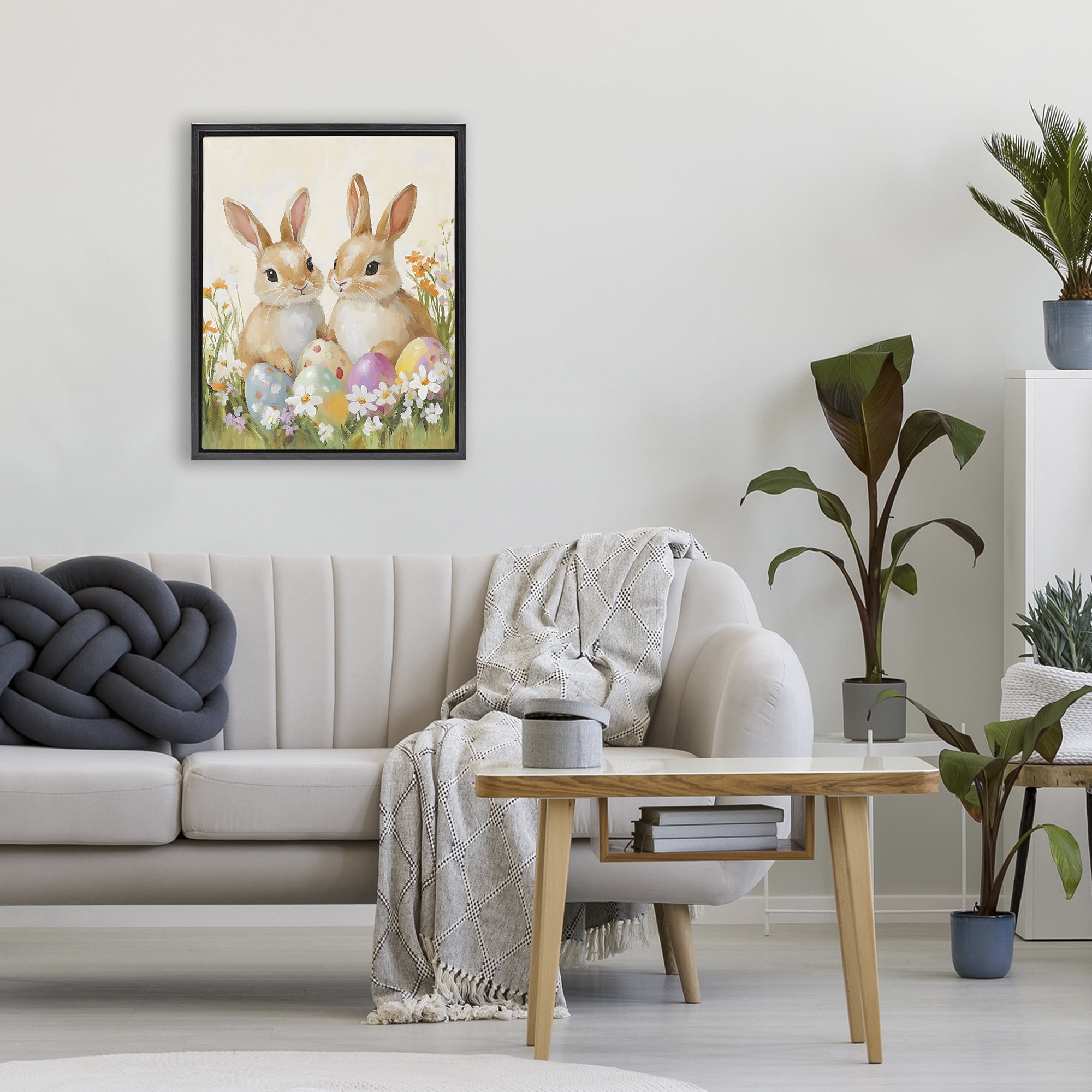 Stupell Industries Bunnies with Painted Easter Eggs Black Framed Floater Canvas Wall Art, design by The Prints Vibe