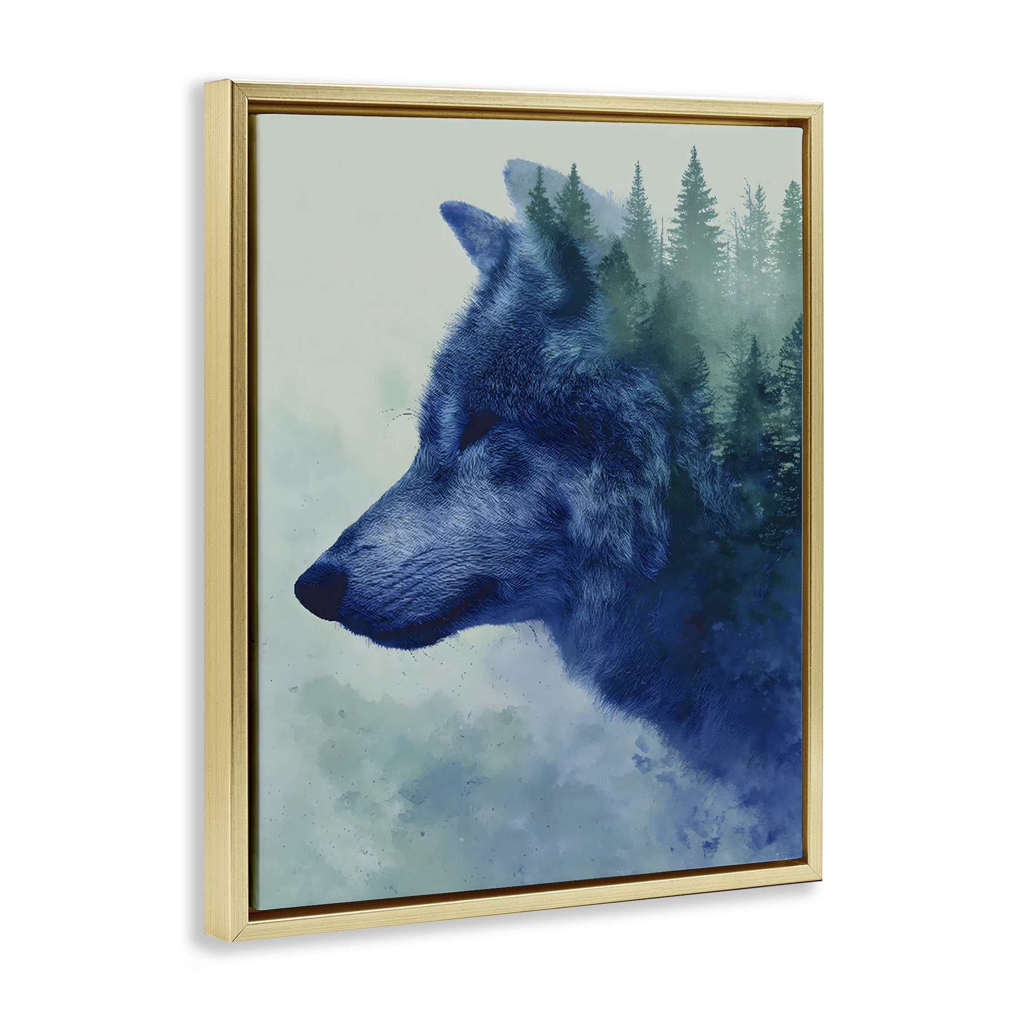 Stupell Industries Indigo Wolf in Misty Pines Gold Framed Floater Canvas Wall Art, design by Franklyn Gregory