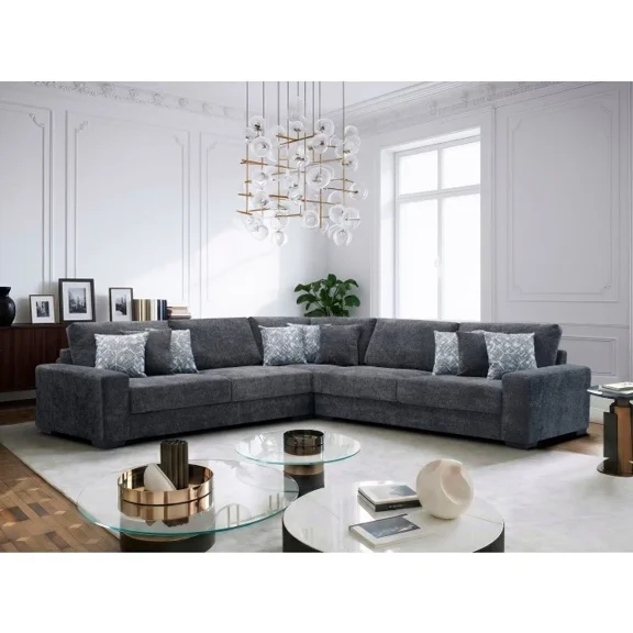 Modern Living Room L-Shaped Sectional Sofa with 9 Throw Pillows, Dark Gray