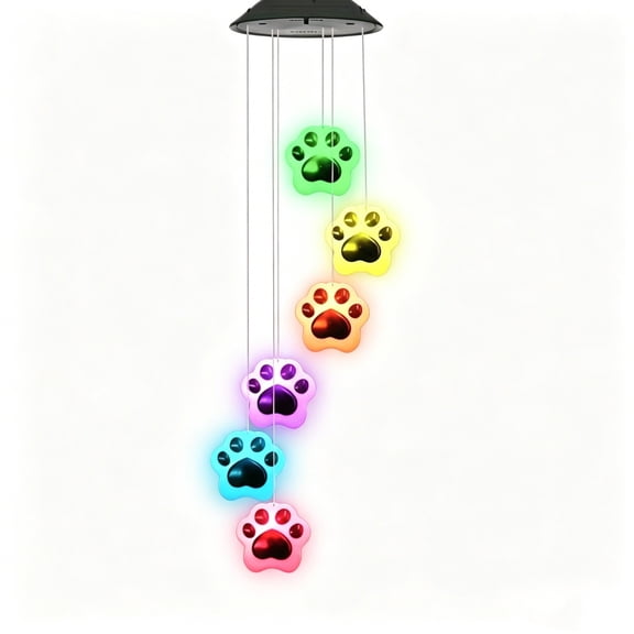 Paw Print Solar LED Wind Chime Lamp, Color Shift Hanging Garden Wind Bell Light, Solar Powered Animal Paw Decor Light for Courtyard Guest House Patio Ornament