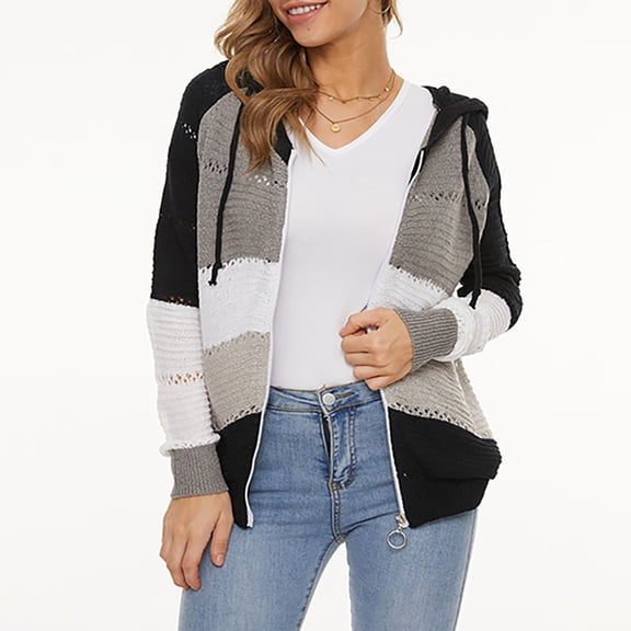 Baqcunre Sweaters For Women Plus Size Women'S Long Sleeved Cardigan Sweater Striped Hole Hooded Sweater Jacket Hooded Cardigan For Women Womens Fall Fashion 2023 Black L