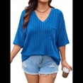 thumbnail image 1 of Camisetas con Cuello en V para Mujer, Blusas de Punto A Rayas de Media , Corte Holgado, Azul Real, Talla 4XL, 1 of 8