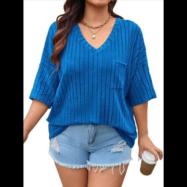 Camisetas con Cuello en V para Mujer, Blusas de Punto A Rayas de Media , Corte Holgado, Azul Real XXXL
