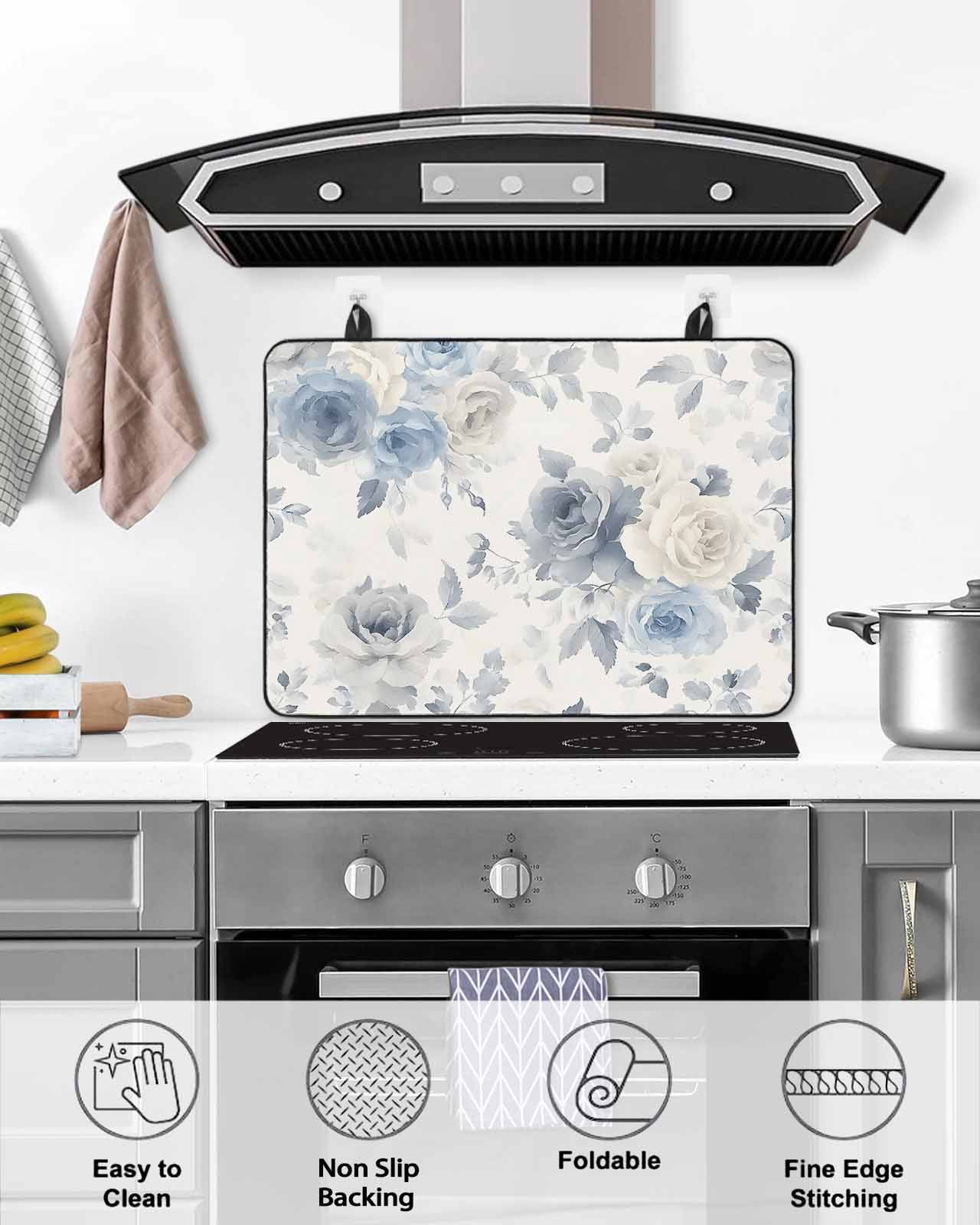 nqOlkjepod Large Induction Cooktop Protector Mat 24"x21", Blue White Floral Stove Top Covers for Electric Stove, Botanical Garden Flowers Leaves Stove Burner Cover Mats, Glass Top Stove Cover