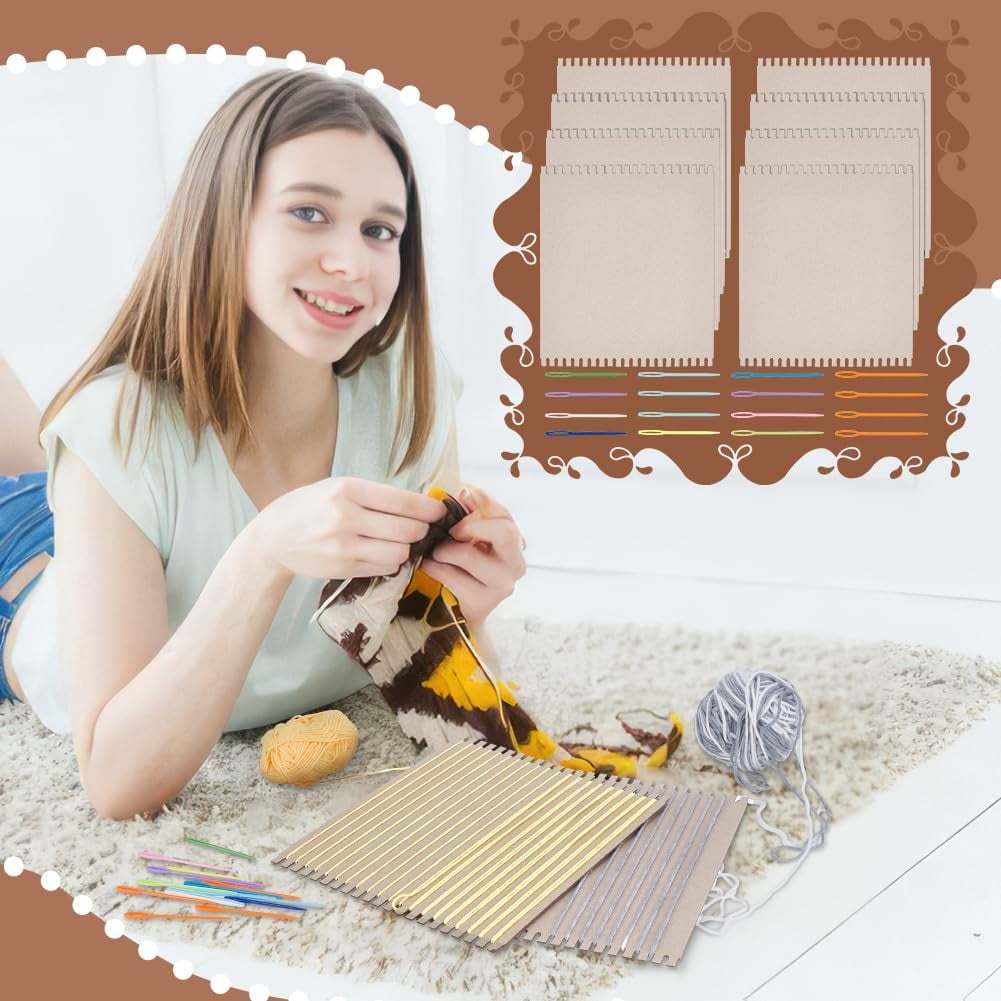 Knitting Tool Kits Including 8Pcs Cardboard Weaving Looms 16Pcs Large Eye Plastic Sewing Needles Mixed Color Loom: 30x25x0.2cm Needle: 92x6x3mm & 71x4x3mm for DIY