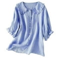thumbnail image 1 of Women's Solid Color Ethnic Style Button Up Medium Sleeved Linen Shirt Top, 1 of 6