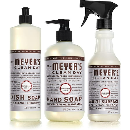Mrs. Meyer's Clean Day Lavender Kitchen Set Variety, 1 Dish Soap 16 fl oz, 1 Hand Soap 12.5 oz, 1 Multi-Surface Cleaner 16 oz