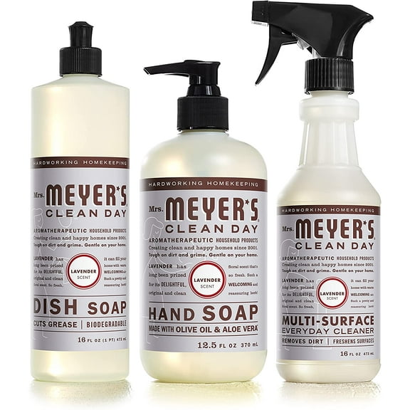 Mrs. Meyer's Clean Day Lavender Kitchen Set Variety, 1 Dish Soap 16 fl oz, 1 Hand Soap 12.5 oz, 1 Multi-Surface Cleaner 16 oz