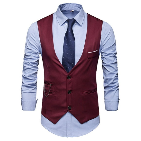 Fashnice Mens Suit Vest Business Outwear Solid Color Formal Dress Waistcoat Casual Holiday Claret XS