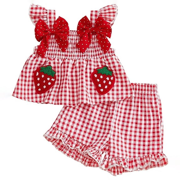 BOOMNY Toddler Baby Girls Outfit Set 2 Peice Clothes Set for Girl Sleeveless Strawberry Embroidery Tops Shorts Cozy Kids Dailywear