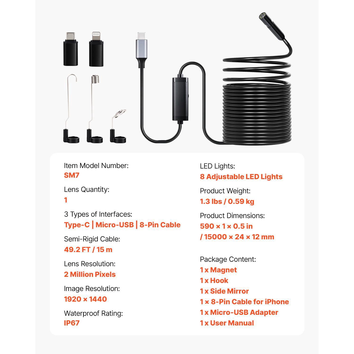 Endoscope Camera 49.2FT Semi Rigid Cable 1920P HD Borescope for Android IOS Industrial Inspection Camera 8 LED Lights 2X Zoom IP67 Waterproof Snake Camera for Auto Plumbing
