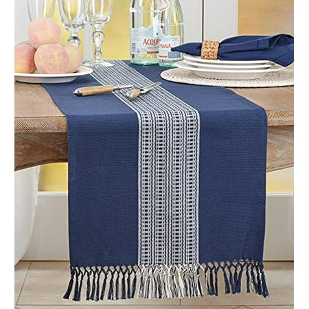

Fennco Styles Banded Stripe Fringe Cotton Table Runner 16 W x 72 L - Navy Blue Woven Table Cover for Home Dining Table Décor Banquets and Special Occasion