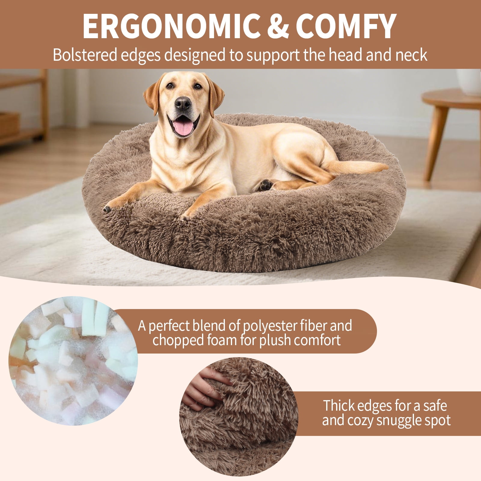 Katieovy Dog Bed for Large Dogs,Fluffy Calming Donut Dog Beds,40 inch Washable Plush Round Dog Mat with Non-Slip Bottom,Khaki