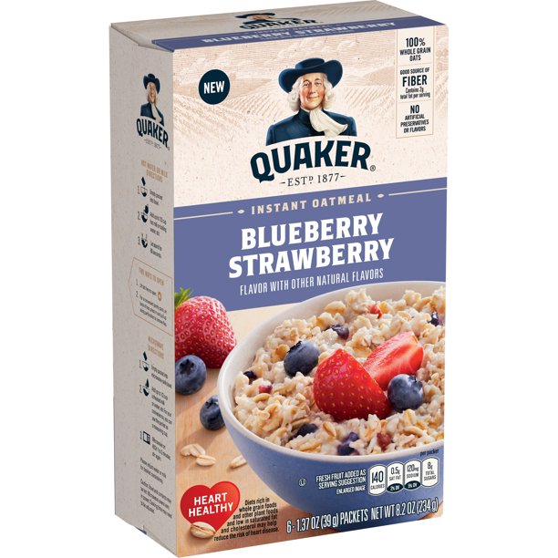 Quaker Instant Oatmeal, Blueberry Strawberry, 1.37 oz Packets, 6 Count