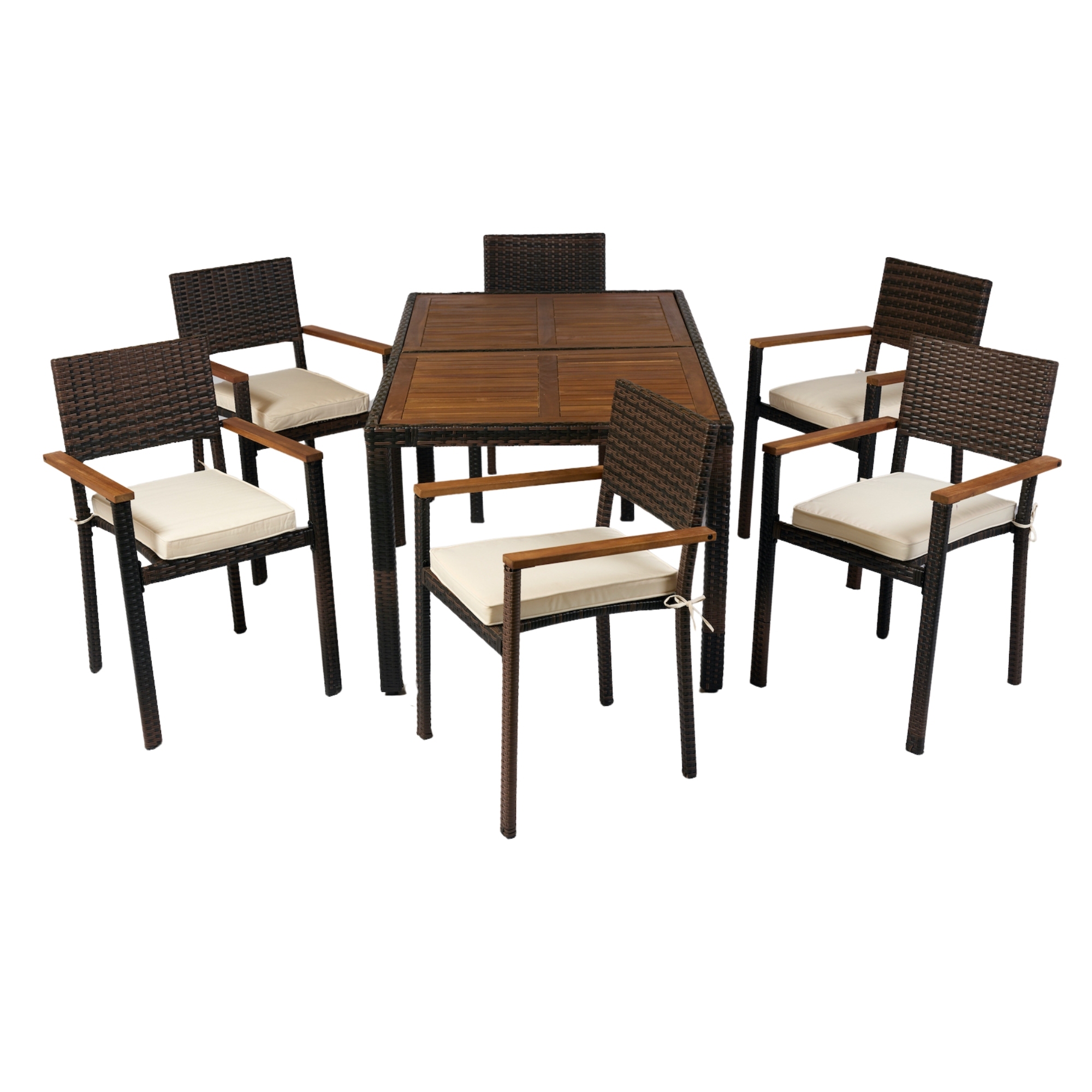 7 Pieces Patio Conversation Set,Outdoor Dining Set with Rectangular Table,Brown Wicker + Cream Cushion