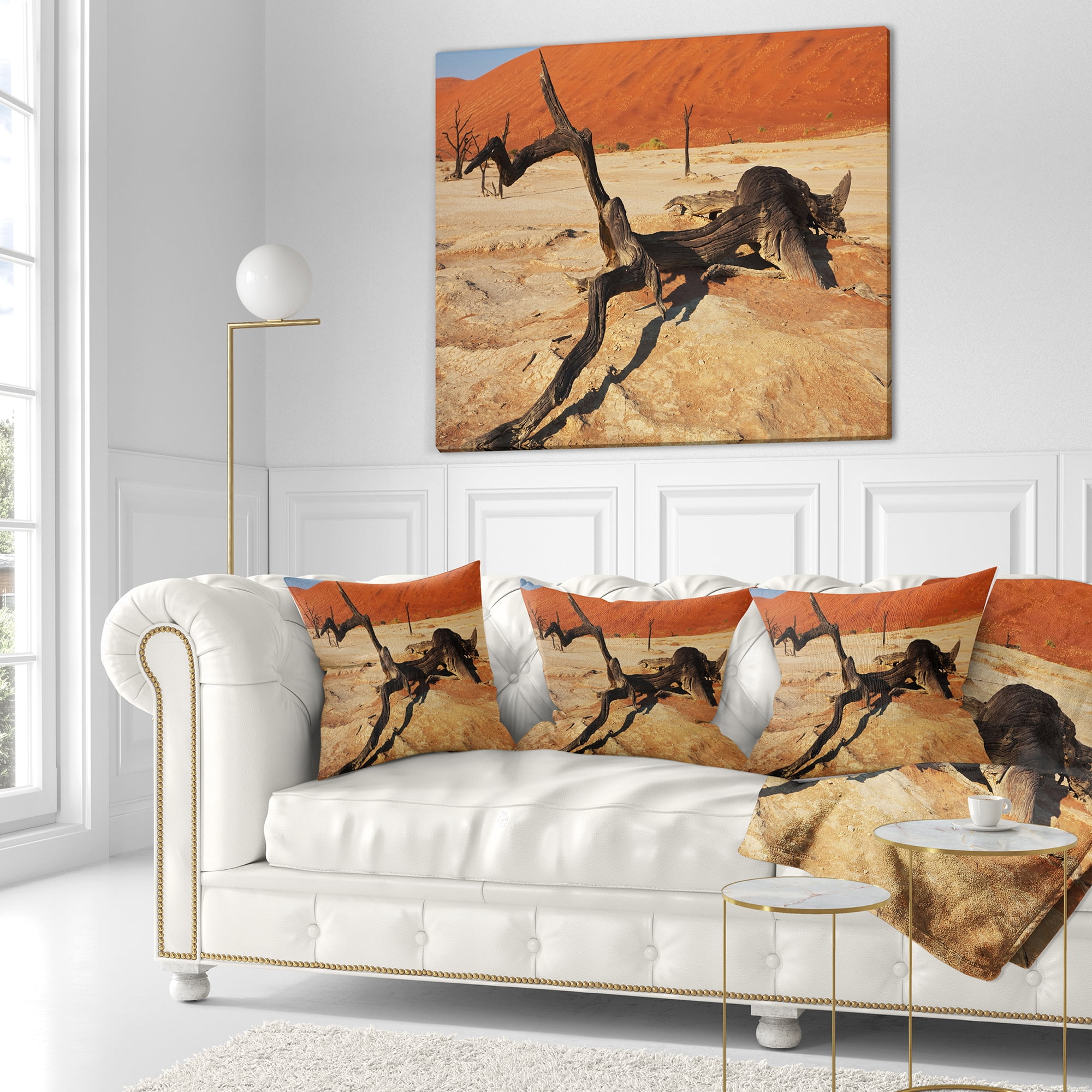 Designart Decayed Tree in Dead Valley - African Landscape Printed Throw Pillow - 16x16