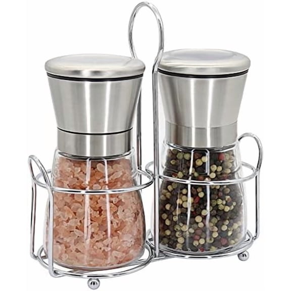 Salt and Pepper Grinder Set of 2, Premium Stainless Steel Spice Mill with Adjustable Coarseness, Ceramic Blades, Refillable Glass Body with 60Z capacity