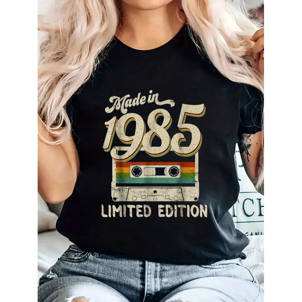Made In 1985 Limited Edition 37th Birthday Cassette Tape T-Shirt Print Women'S Round Neck Short Sleeve T-Shirt Fashion Graphic Tees Women Top