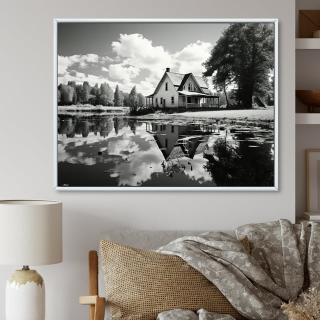 Designart Farm framed wall art decor, Farm framed wall Art, Reflecting on Rural Life at the Farmhouse , Extra large Country White Framed Wall Art, 20x12 inches White Color Frame