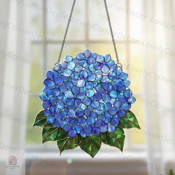 Blue Hydrangea 2D Flat Acrylic Suncatcher | Light Catcher | Vibrant Garden Flower Art | Mother's Day Gift for Her | Window Hanging Decor