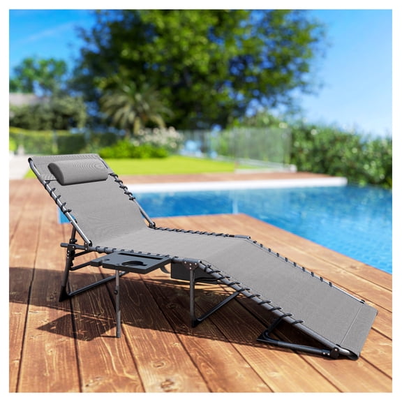 Folding Chaise Lounge Chair Outdoor, Adjustable 5-Position Sun Lounger with Side Table & Pillow, Portable Tanning Chair for Patio, Beach, Gray