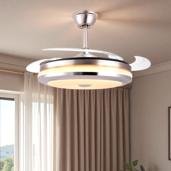 RJFKSNC 42" Smart Retractable Ceiling Fan with Light and Remote, Dimmable LED Fandelier, 6-Speed Reversible DC Motor, Brushed Nickel
