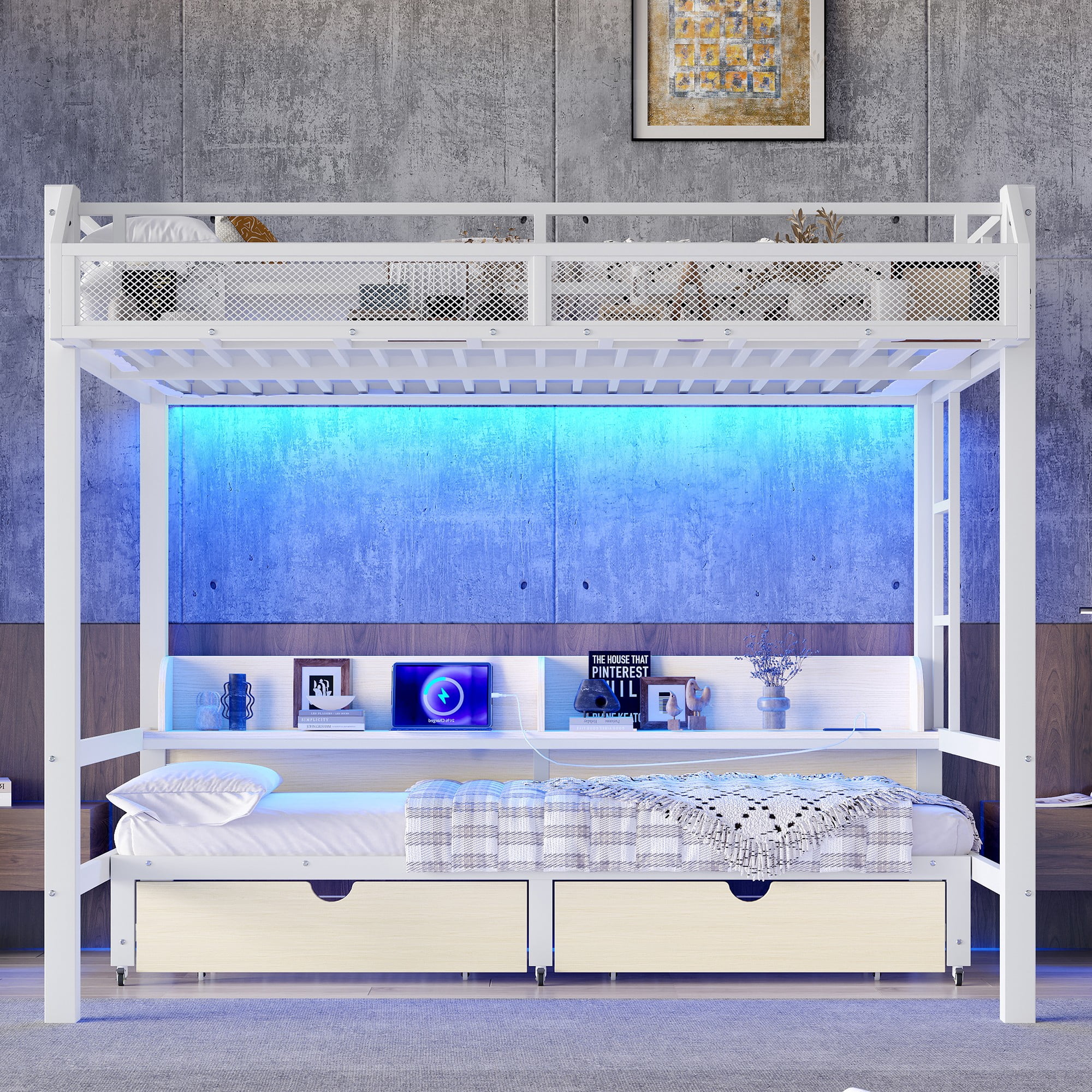 Aukfa Queen over Queen Metal Bunk Bed with Storage Drawers, Shelves, USB Ports & LED Lights, Convertible Bottom Sofa Bed, Heavy-Duty Bed Frame for Kids Teens Adults, White
