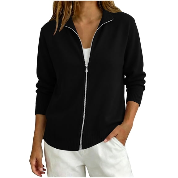 Staron Women's Cardigan Zip Knitted Long Sleeve Solid Casual Basic Comfy Lightweight Crewneck Loose Fall Winter Spring Sweater, Black L