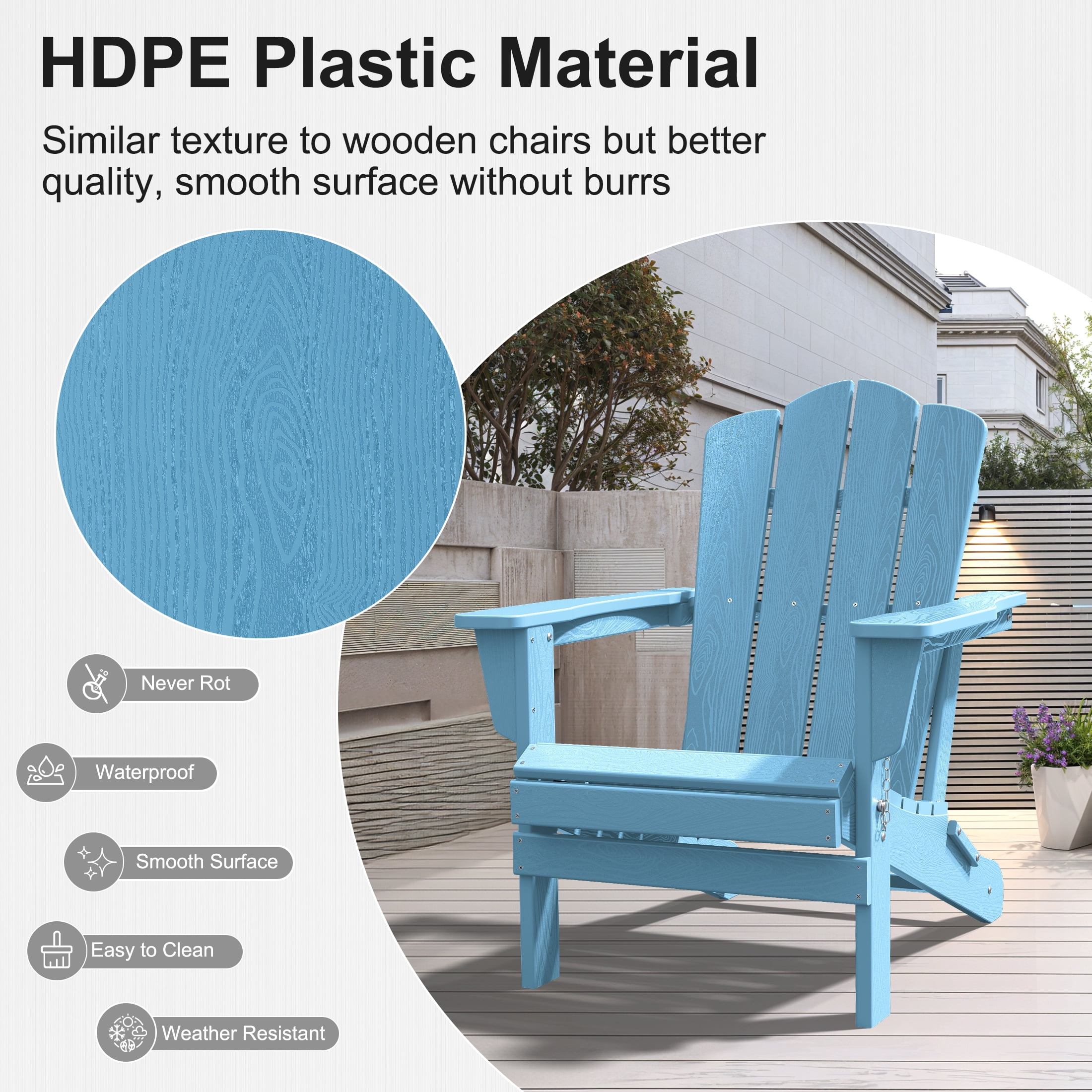 JUSTLET Adirondack Chair, Plastic Folding Outdoor Patio Chairs, Outside HDPE Chairs for Lawn, Yard, Light Blue
