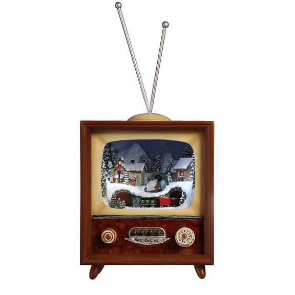 Icy Giftware Set of 2 Brown and White LED Lighted Musical Christmas TV Box Figurines - 10"