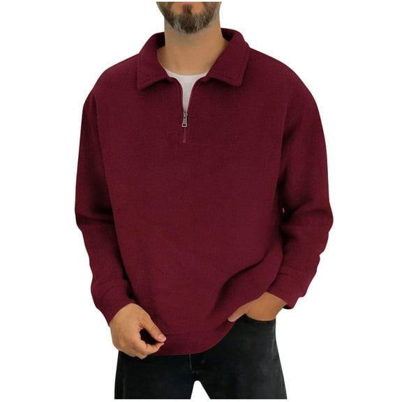 Men's 1/4 Zip Fleece Pullover Sweater Solid Color Casual Fuzzy Thermal Tops Long Sleeve Lapel Collar Sweatshirt (XL, Wine)