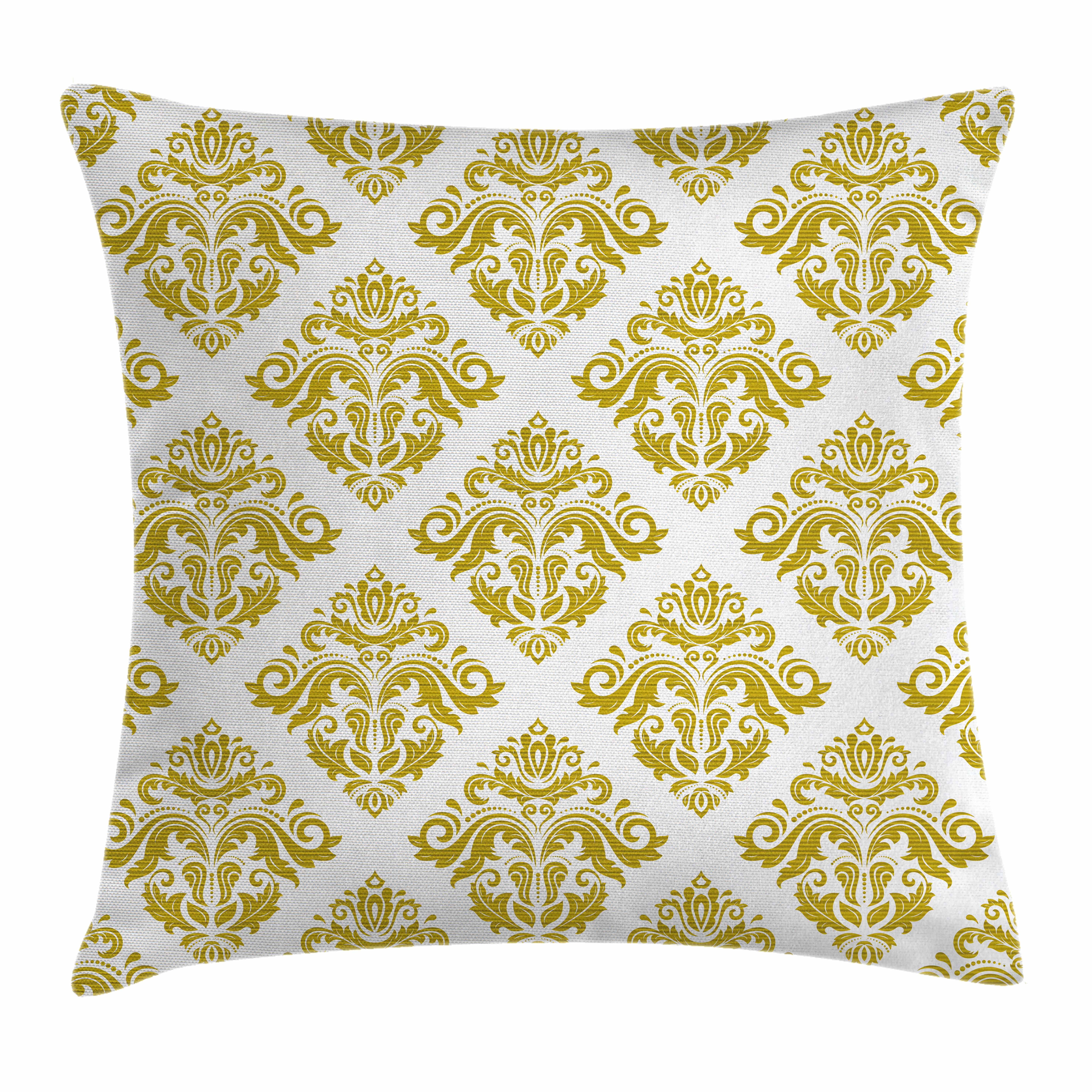 Gold and White Throw Pillow Cushion Cover, Traditional Floral Damask