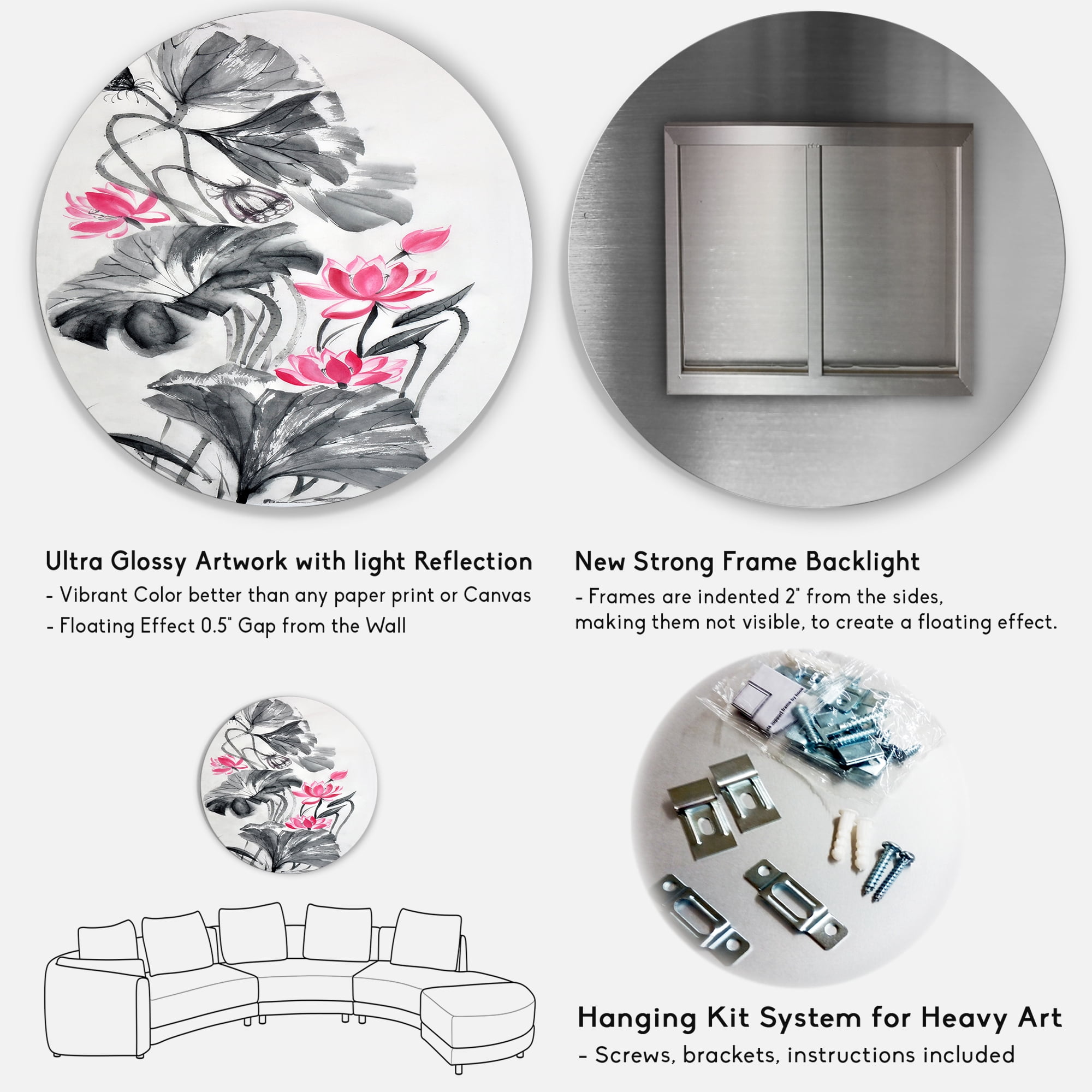 Designart 'Pink Vintage Lotus Flower and Monochrome Leaves' Traditional Circle Metal Wall Art 11x11 - Disc of 11
