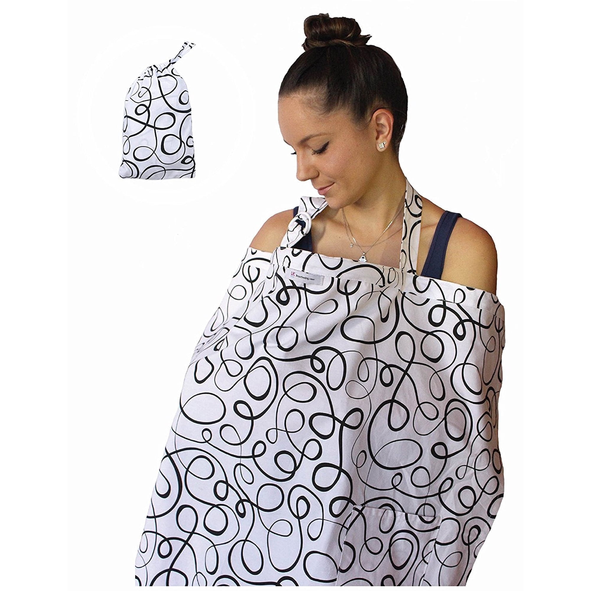 LK Baby Breastfeeding Nursing Cover Apron Privacy Cover Pumping Supplies for New Moms with Matching Travel Pouch Multi Use Lightweight Soft Cotton - Great Baby Shower Gift in Black and White