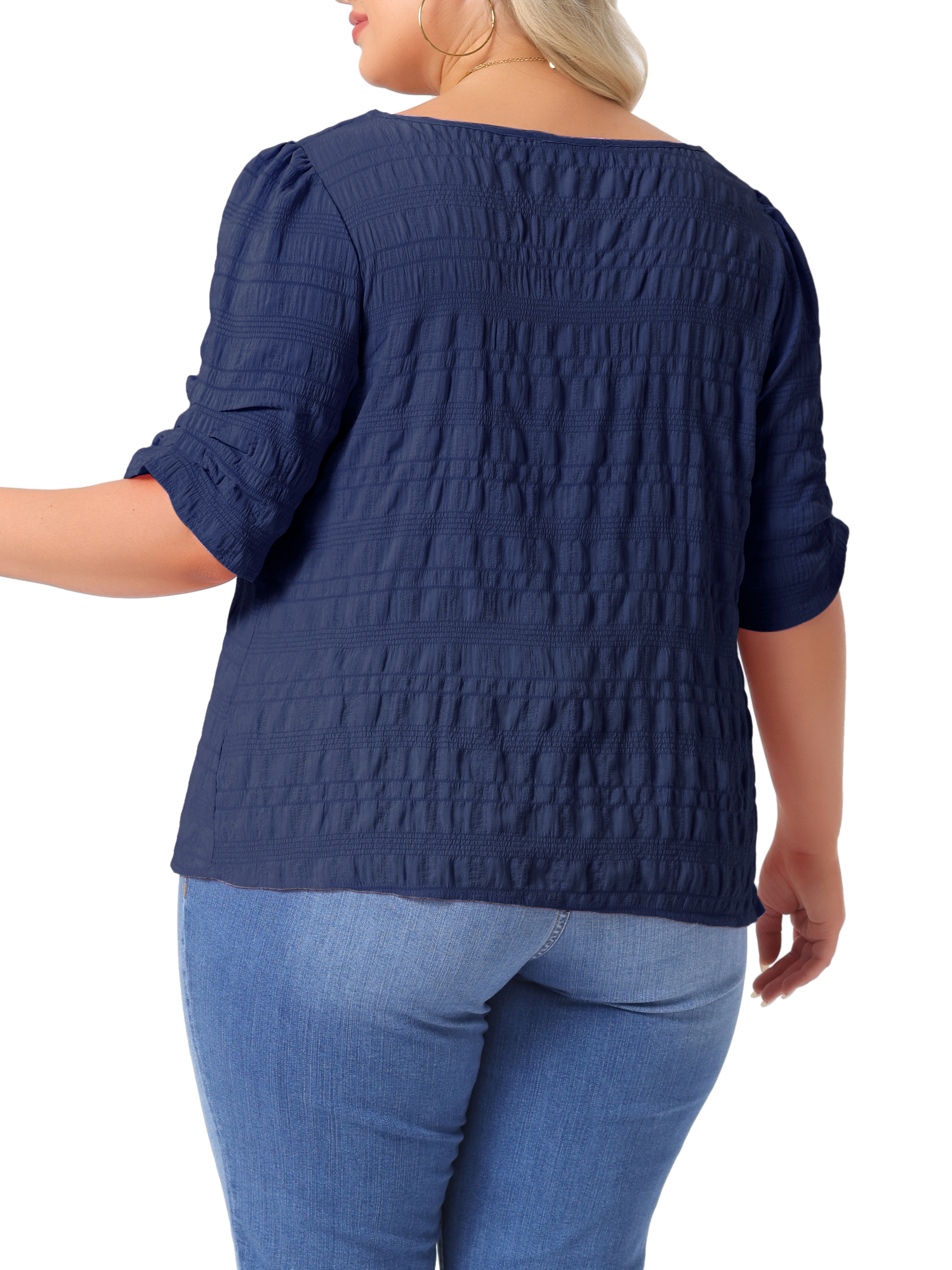 DARING DIVA Women's Plus Textured Notched V Neck Blouse 3X Dark Blue