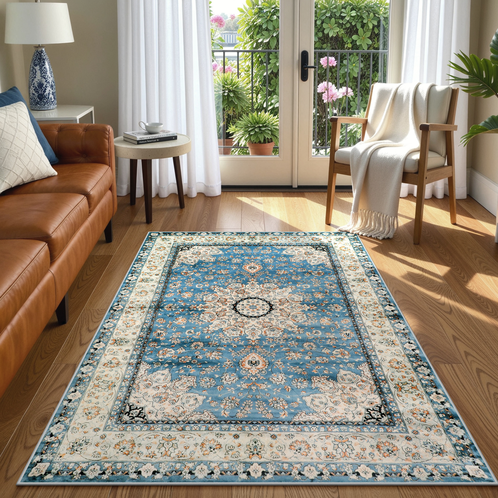 Lahome Decor 4'x6' Oriental Floral Medallion Area Rug for Living Room,Non Slip Machine Washable Vintage Indoor Rug,Vintage Printed Rug,Low Pile Lightweight for Bedroom Office