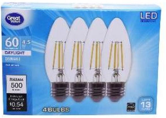Great Value B10 LED 4.5W (60W Equivalent) Daylight E26 Medium Base Clear Glass Decorative Light Bulbs, Dimmable, 4 Pack